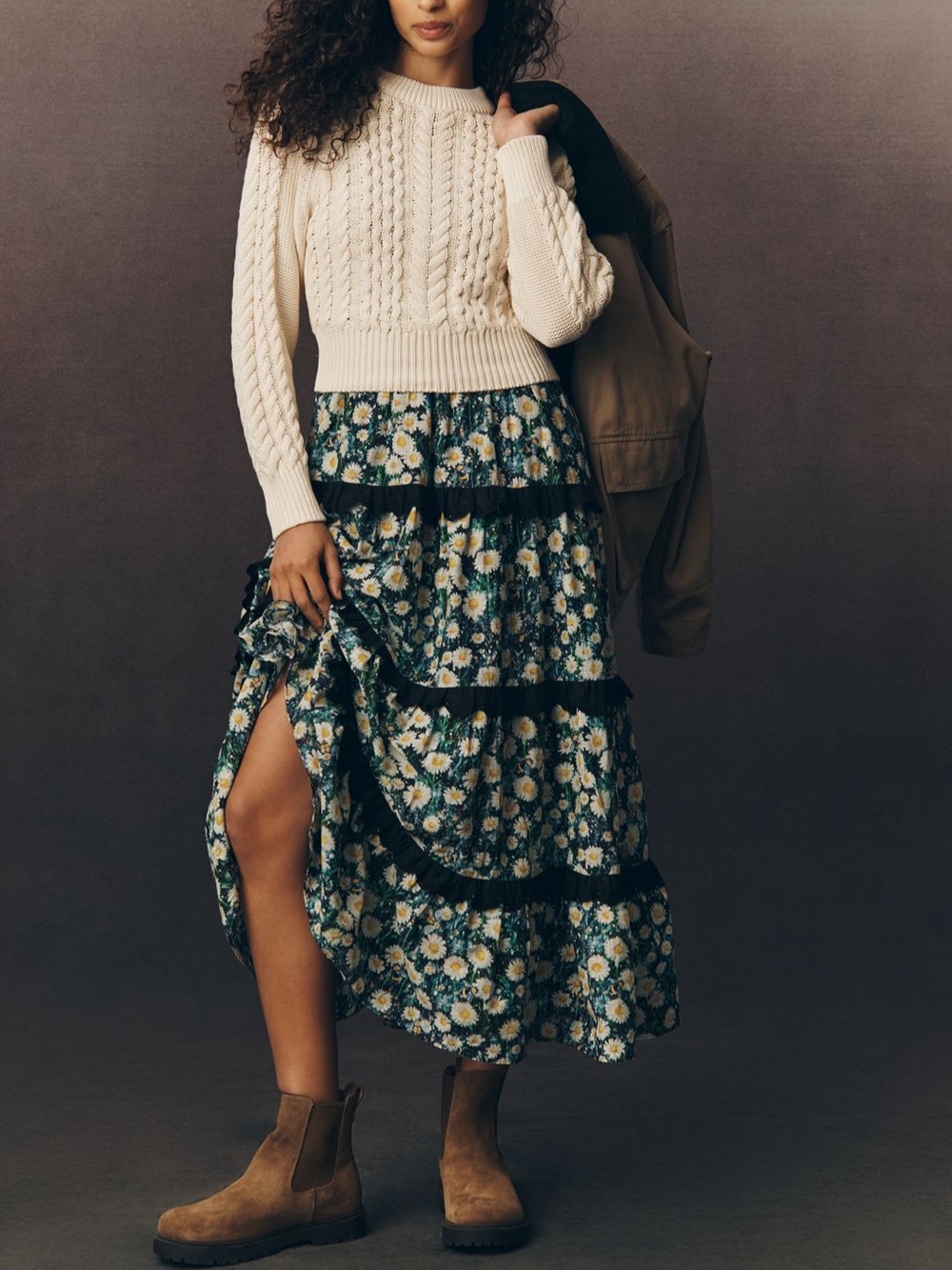 Floral Tiered Maxi Dress with Daisies & Cream Sweater Set